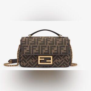 Baguette Chain Midi Brown FF jacquard fabric bag